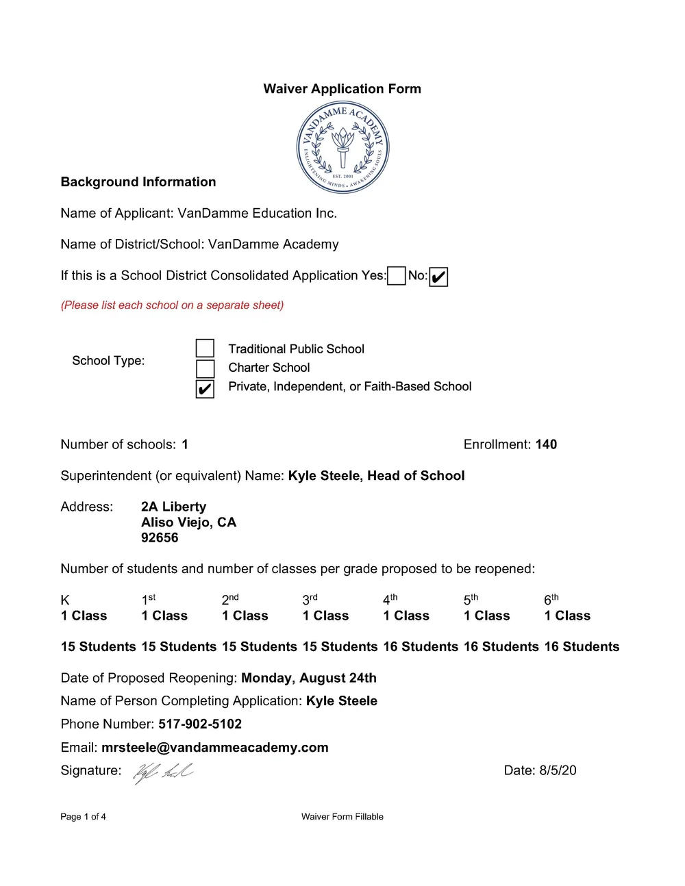 VDA Waiver Application Form — VanDamme Academy
