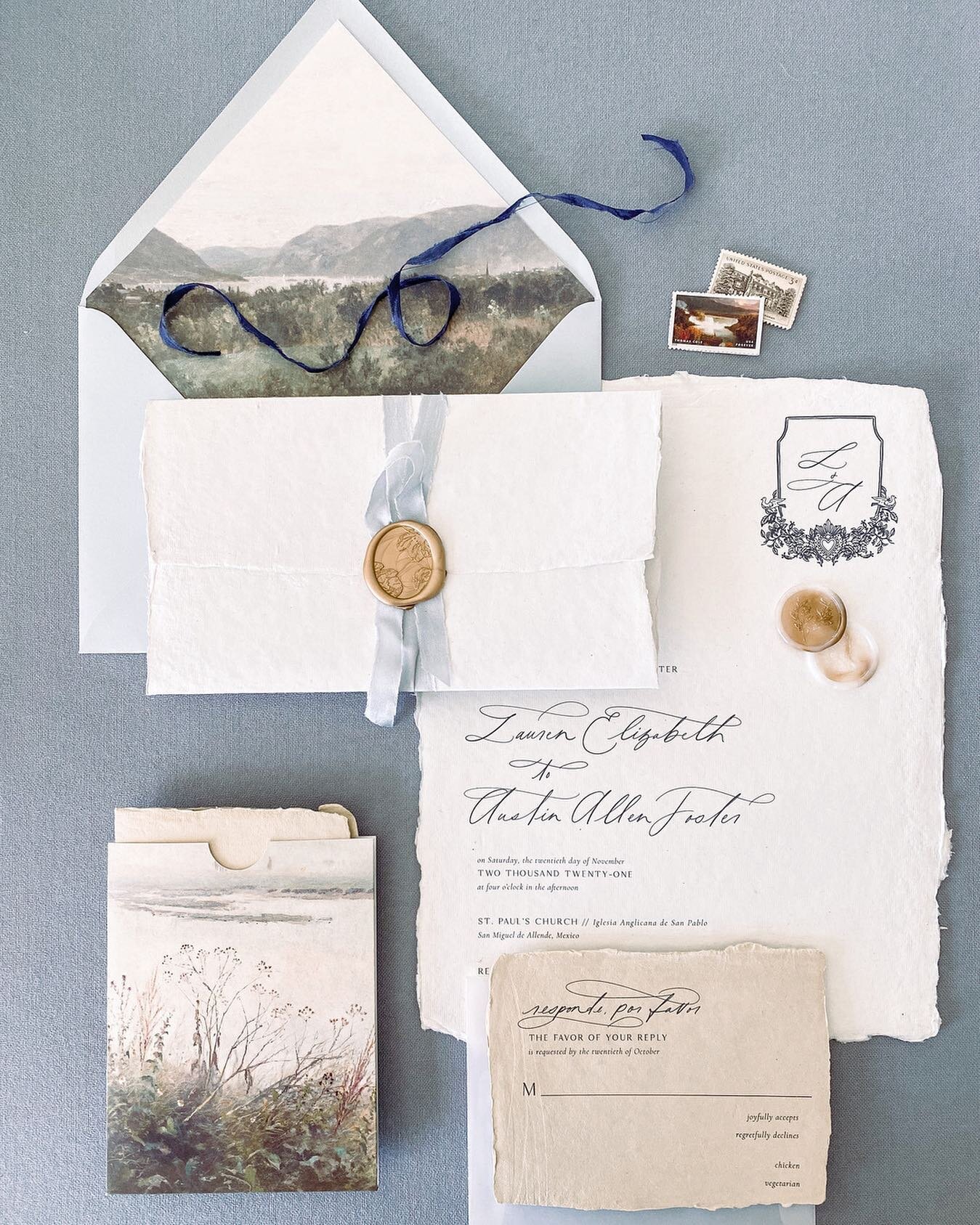 Just realizing I never shared a full look at one of my favorite custom suites to this date! For Lauren &amp; Austin, we did a letter style invitation with French blue ribbon and an oval wax seal. We incorporated lots of vintage paintings and handmade