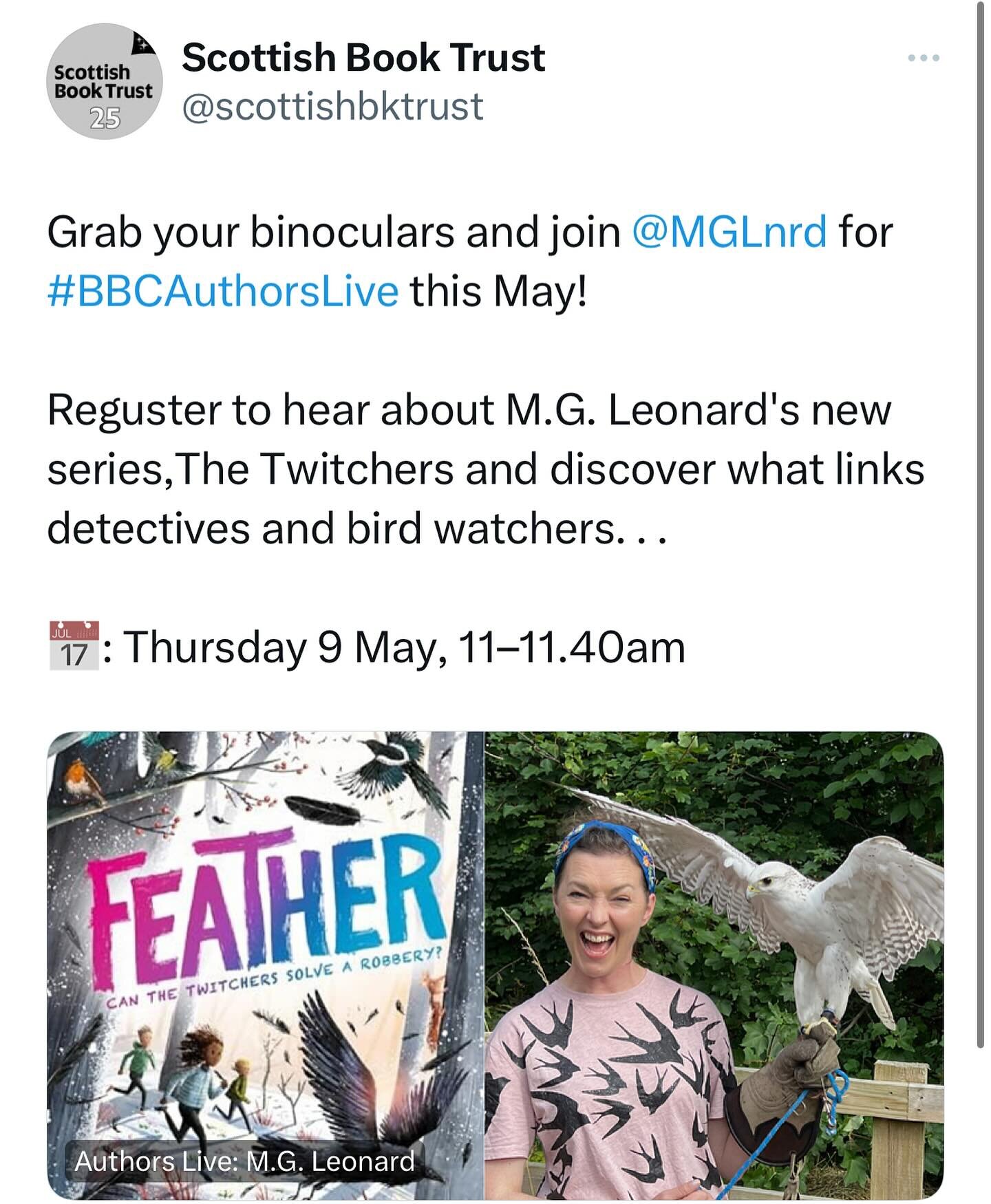 I will be appearing on BBC Authors Live on BBC Scotland with @scottishbooktrust in early May, and then after broadcast the programme will be available throughout the U.K. on iplayer. I will be talking about The Twitchers series, my brilliant band of 