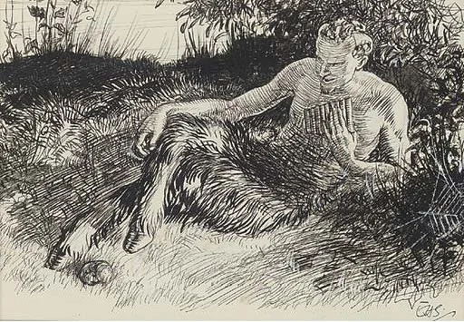 &hellip; saw the backward sweep of the curved horns, gleaming in the growing daylight; saw the stern, hooked nose between the kindly eyes that were looking down on them humorously, while the bearded mouth broke into a half-smile at the corners; saw t