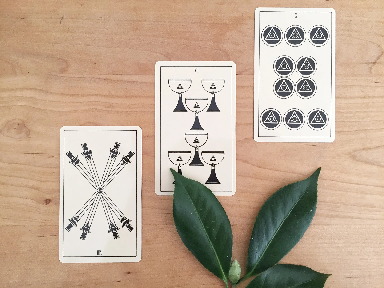 Black and white tarot spread with leaves