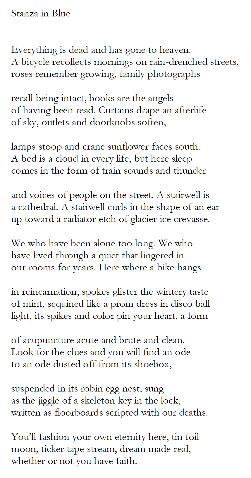 poem written about Stanza in Blue by Jennifer Militello Poet Laureate of New Hampshire