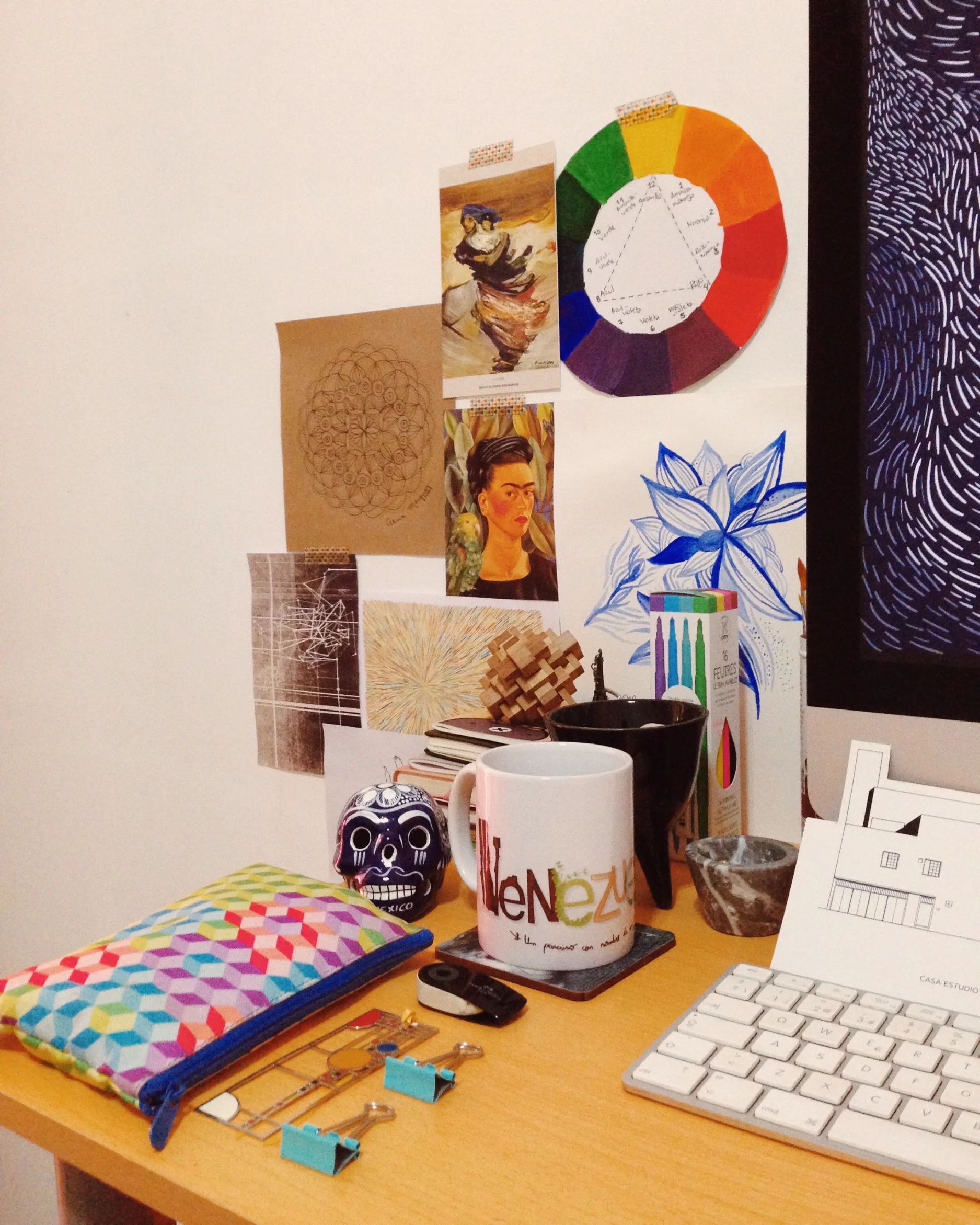 My crowded desktop: packed with sketches, postcards, souvenirs, art supplies and inspiration.