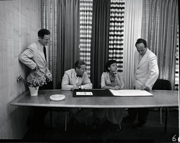 An early 1950s photograph of Herbert Matter, Hans Knoll, Florence Knoll and Harry Bertoia.