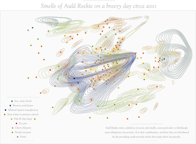 Map illustration depicting the smellscape of Edinburg by Kate McLean. (2011) The dots representing the source of smell and the lines, the extent of smell as distributed by the wind.