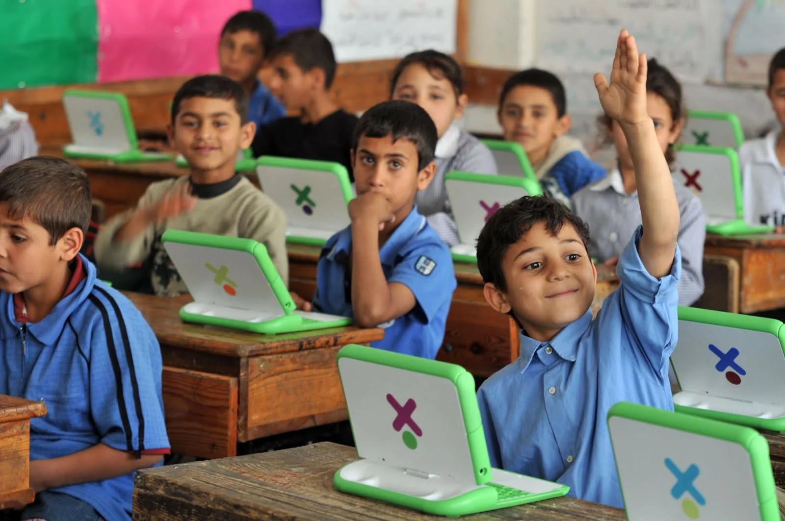 OLPC Laptops in a classroom in Gaza, Palestine.