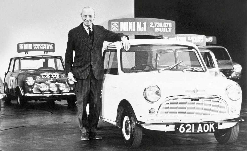 Lead Mini designer Alec Issigonis with the Austin Mini Cooper S.