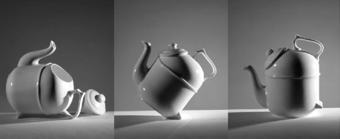 "Tilting" teapot by Ronnefeldt. A, B, C steps. Donald Norman's collection.