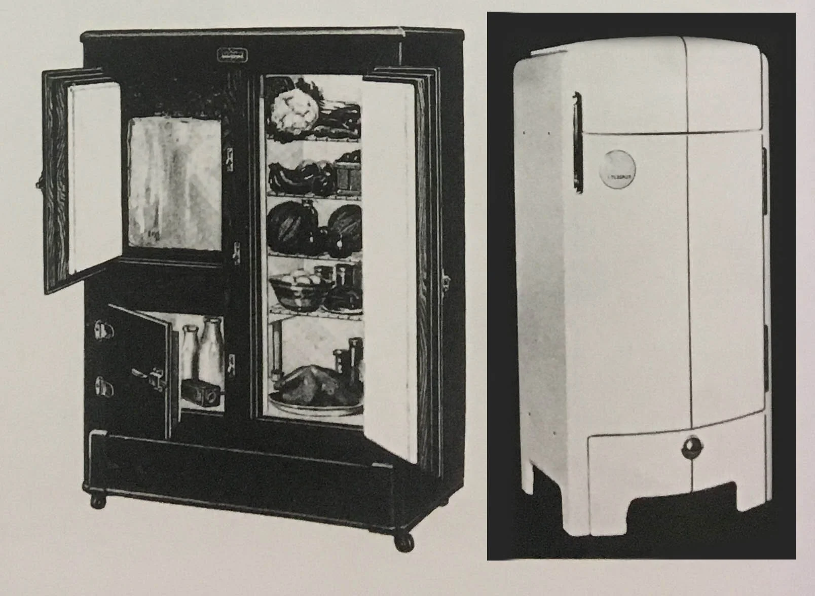 Left: The Leonard Refrigerator (1929). Right: Sears Roebuck Coldspot Refrigerator (1935). Objects of Desire. 