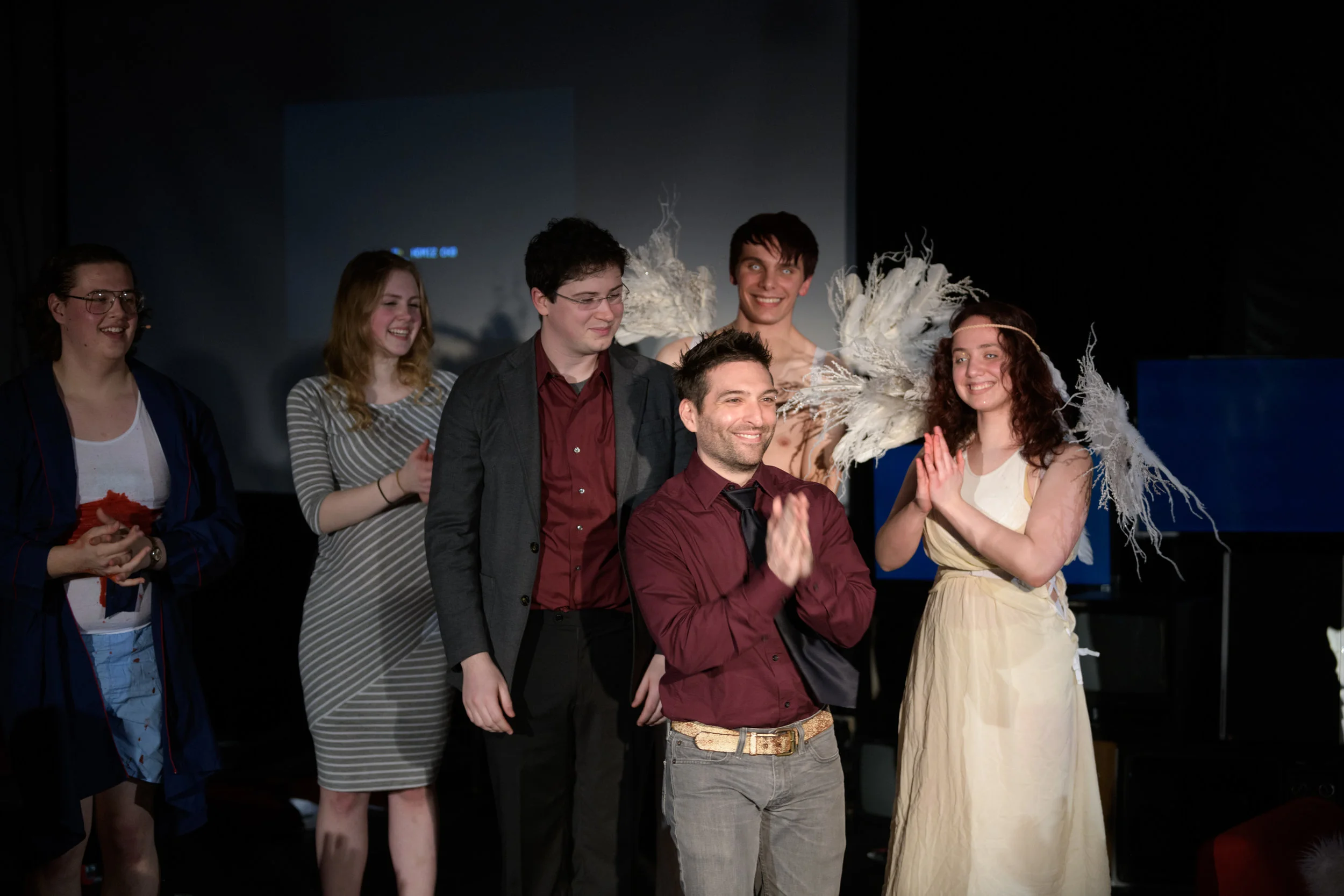 Director Chris Mirto, front, Mathew Chamberlain, and the leads, at conclusion.