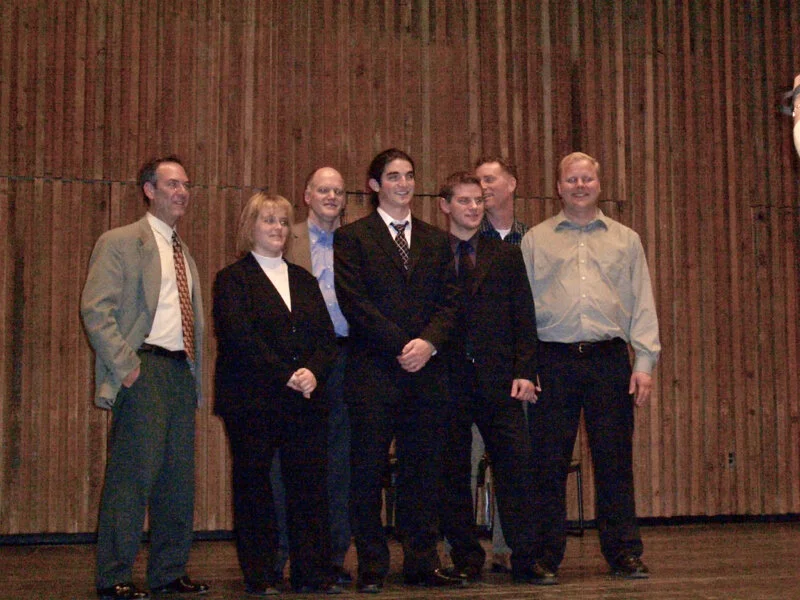 After Stroud Competition: Stephen Aron, Kimberly Fox (3rd prize), James Stroud, Jonathan Gangi (2nd prize), Steve Sloan (1st prize), M. Rusty Jones (alum and judge) and Adam Sarata (alum and judge)