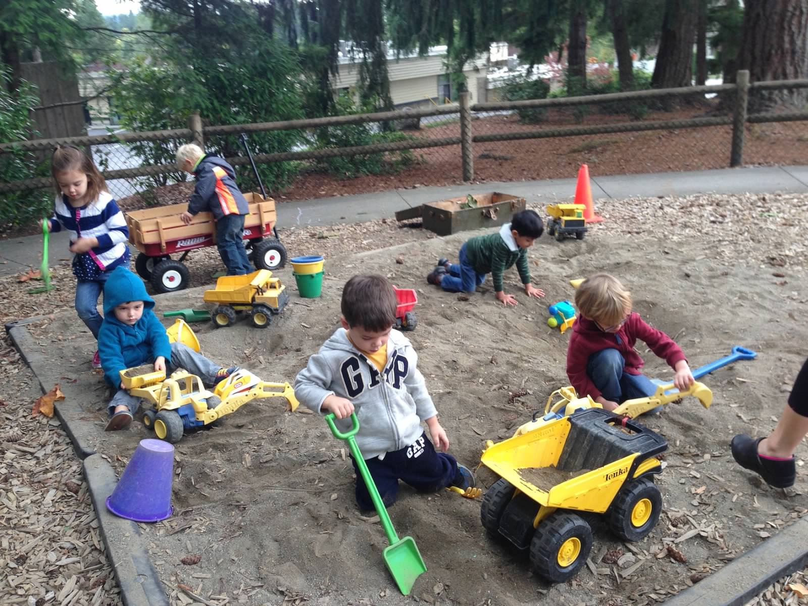 In our huge sandbox, kids use their hands and tools to explore, dig, dump, scoop, sift, and build!