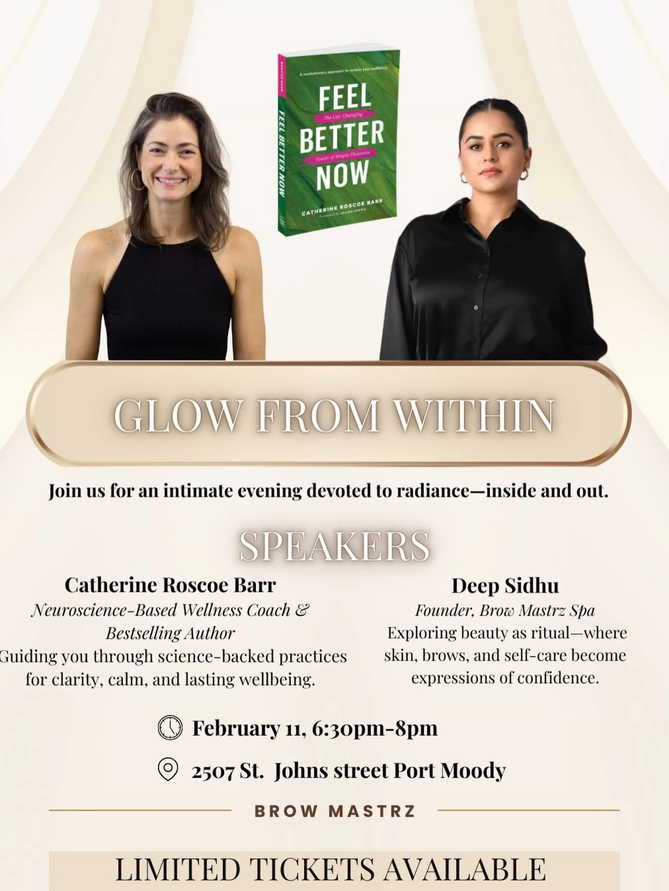 GLOW: an intimate evening devoted to radiance &mdash; inside and out.

Beauty isn&rsquo;t just what people see, it&rsquo;s how you feel in your mind, body, and nervous system.

Join us Wednesday, February 11 from 6:30-8pm at Brow Mastrz Beauty Hub fo