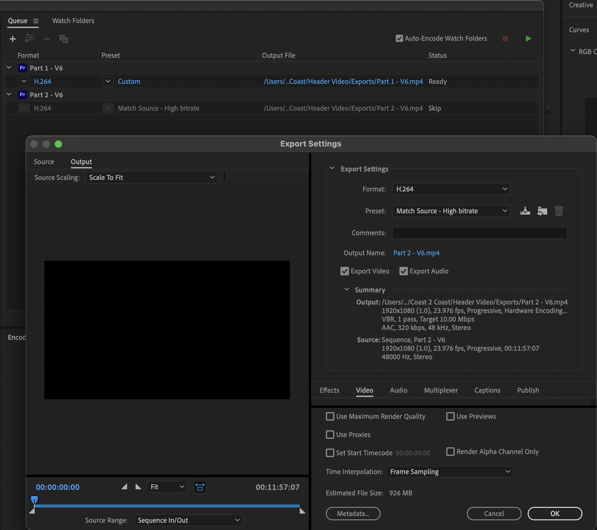 Export Settings in Media Encoder