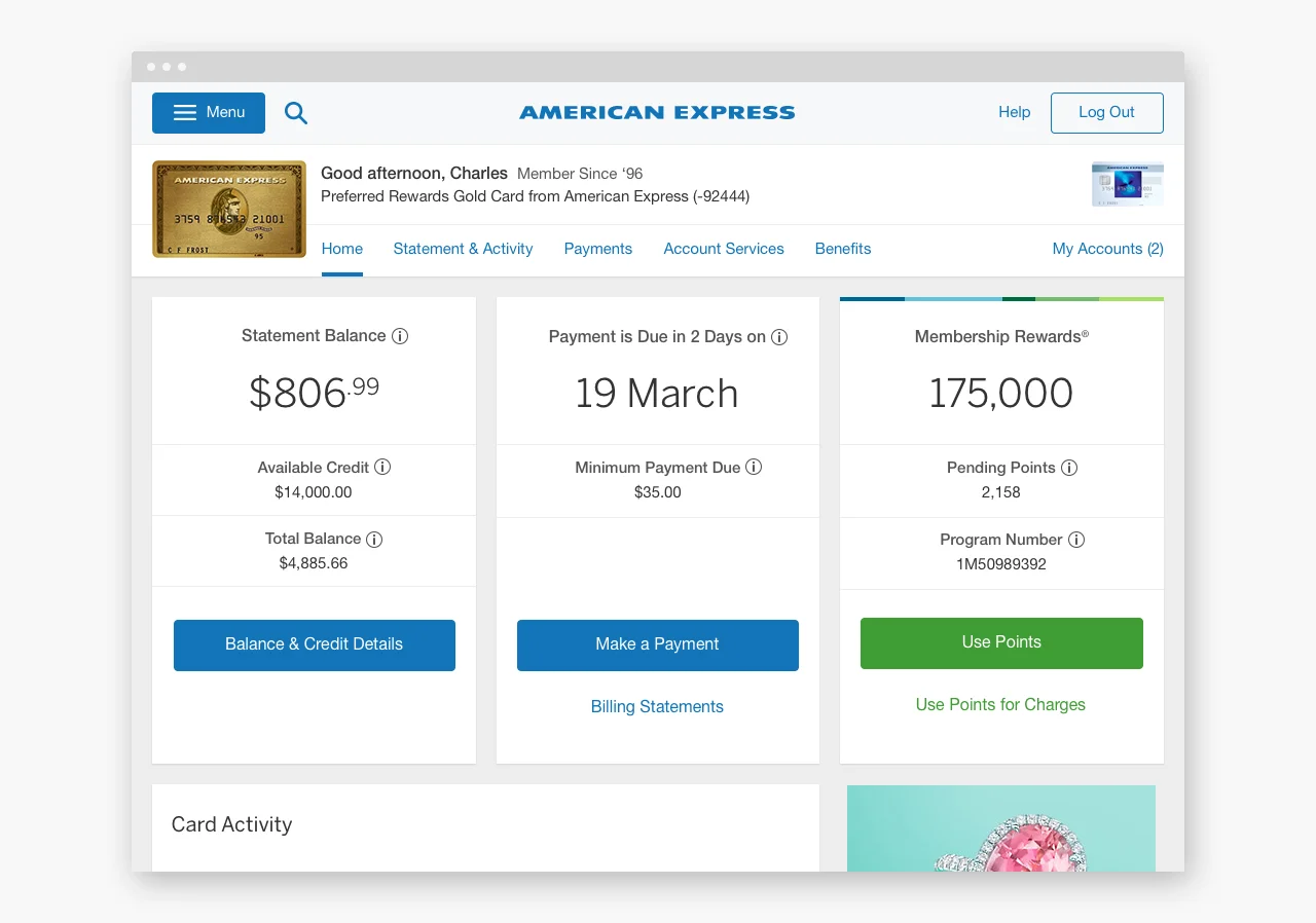 Example of a Card Member's authenticated home screen using the American Express Design Language System.