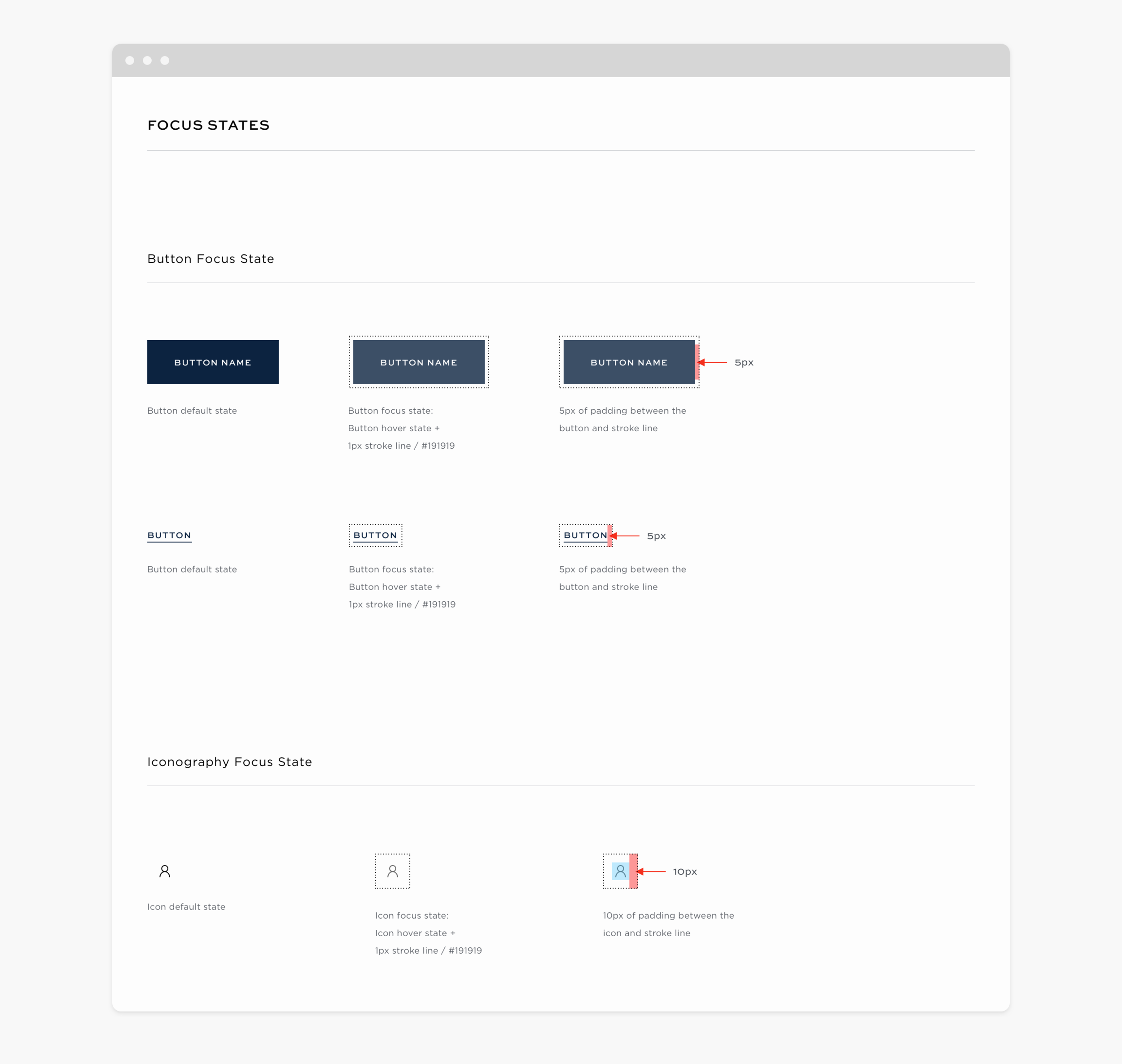 Example of the interactive design system, specifically the focus states for buttons, text links, and icons.