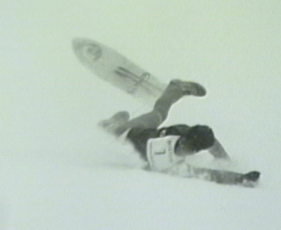 Not sure who this is but that looks like an early Sims FE 1550. Oh yeah! And this guy just slammed 50 yards up the hill, for sure has a concussion and is about to get the full-on leash-snap Cuisinart treatment from his board. I wonder if he had steel edges yet? Pretty sure he slid across the finish.