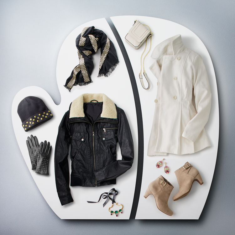Caption: Edgy with some shine or winter white and divine? Warm up in whatever is totally you.