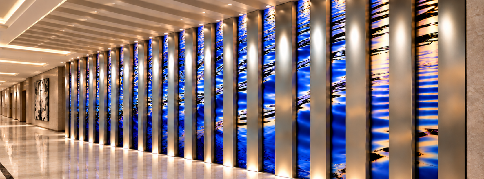 Custom architectural art installation by Silver Chase Design featuring cobalt-blue photographic imagery on reflective aluminum panels, integrated with projecting metal beams to create sculptural depth and dimension in a contemporary interior.