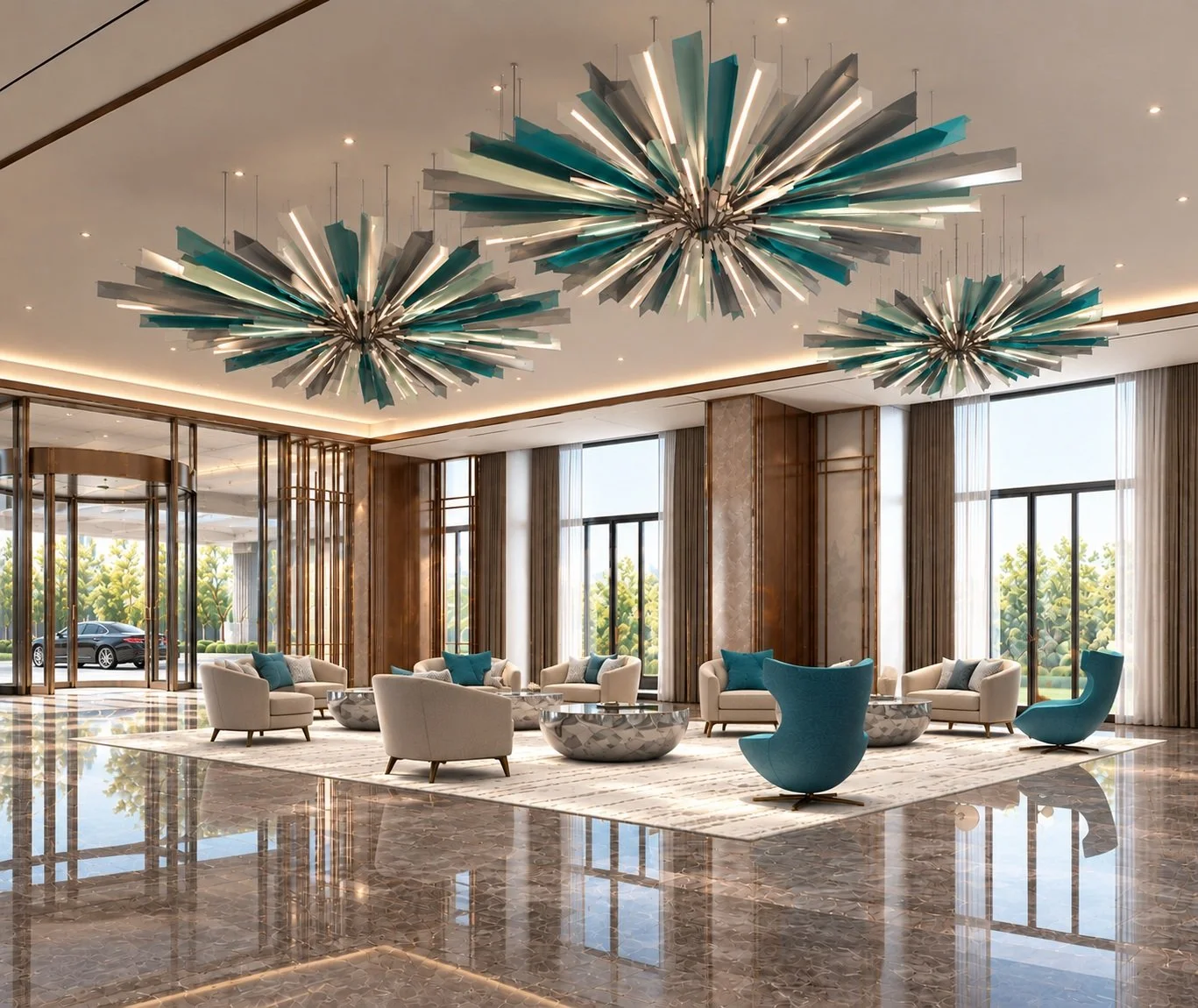 Three custom suspended starburst metal sculptures featuring radiating teal and silver elements above a contemporary luxury lobby seating area.