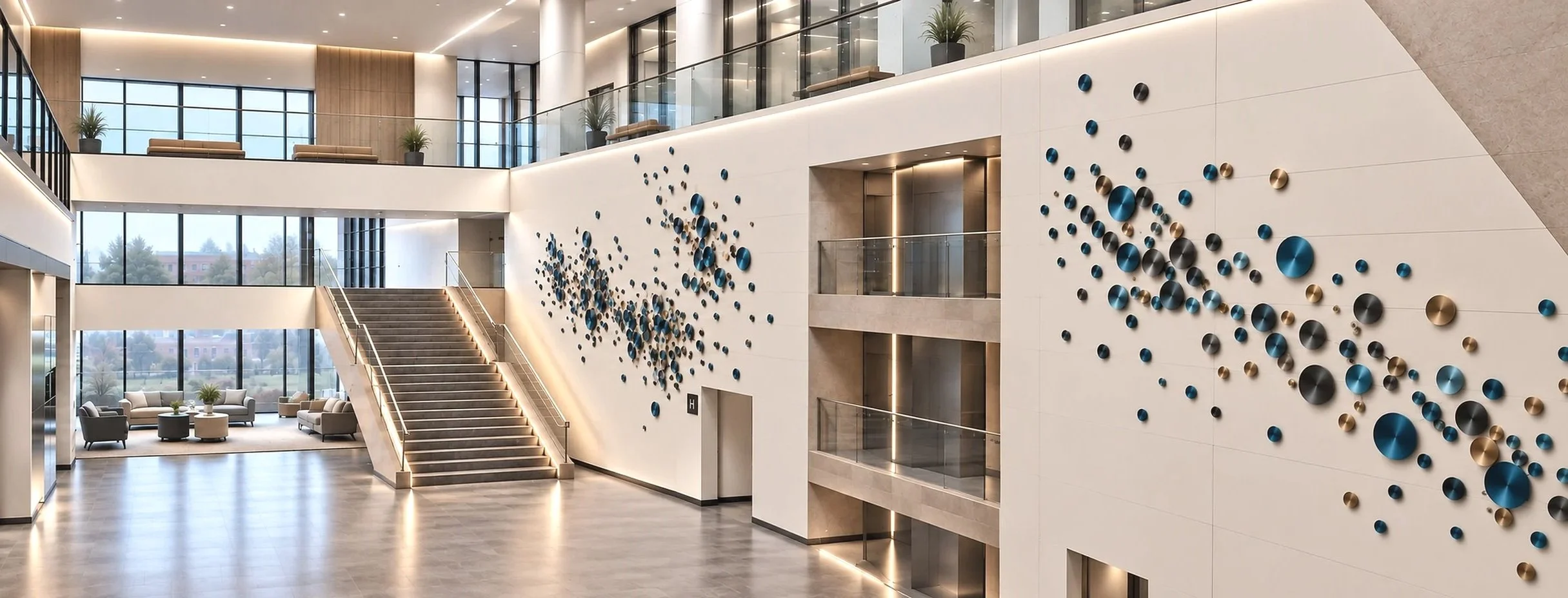 Custom brushed aluminum disc sculptures by Silver Chase Design span the walls of a three-story corporate atrium, showcasing commissioned architectural artwork and integrated art consulting.