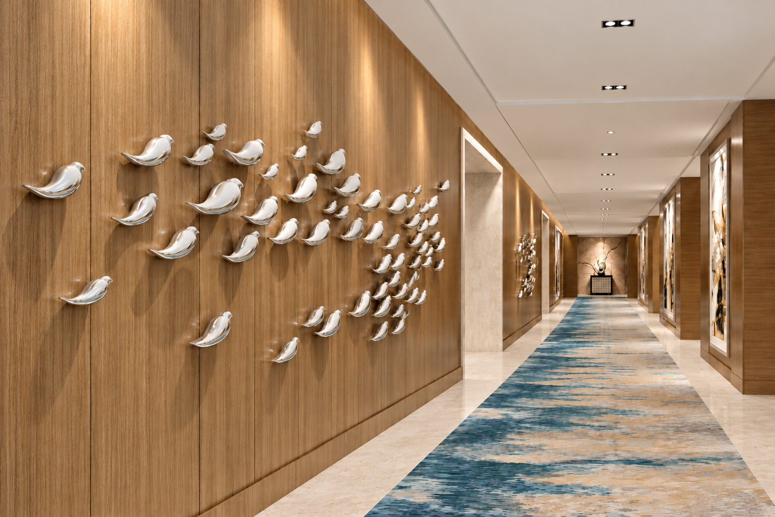 Sculptural Bird Flock in Luxury Corridor.png
