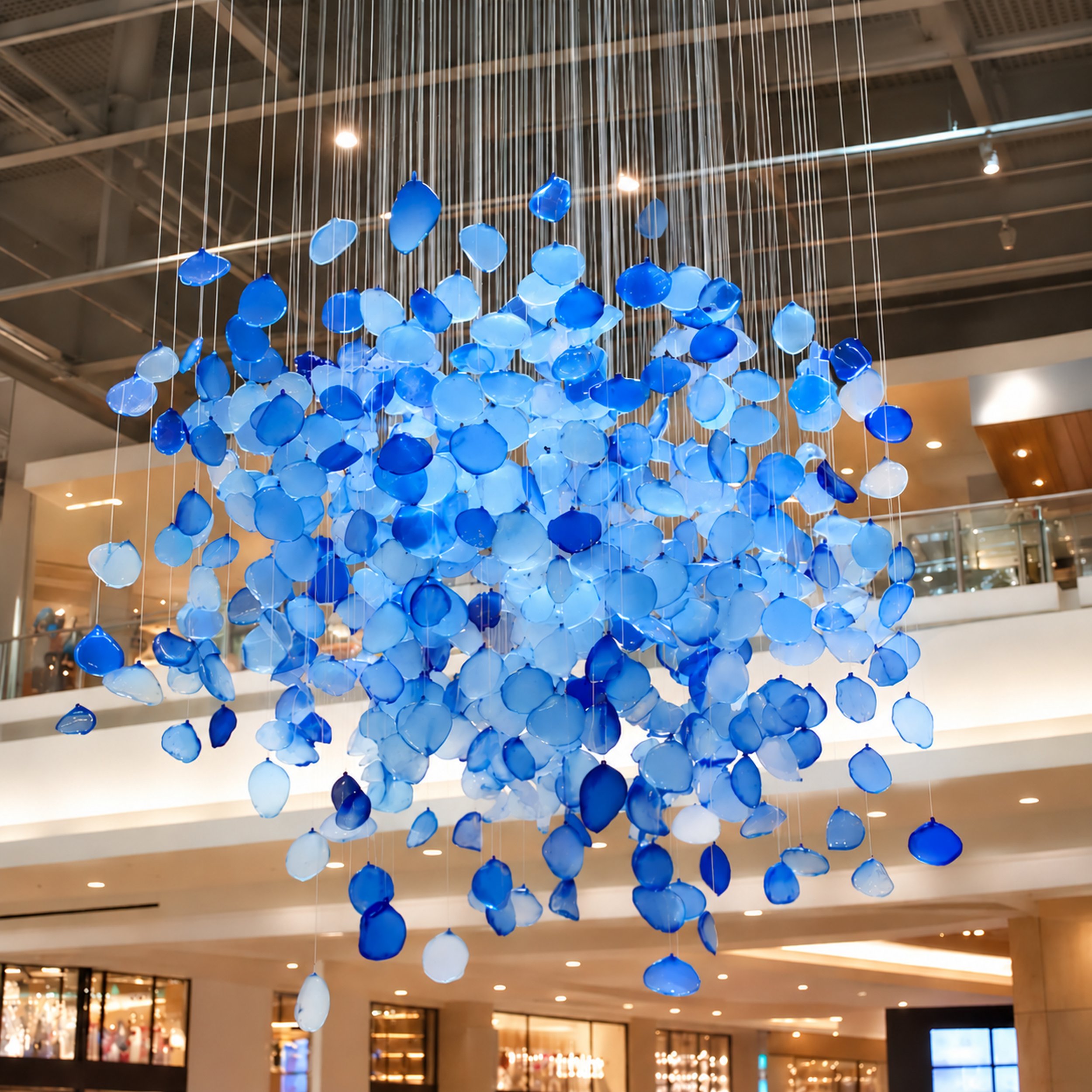 Large-scale suspended glass art installation featuring hundreds of cascading cobalt and translucent blue glass elements in a contemporary multi-story atrium, curated by Silver Chase Design.
