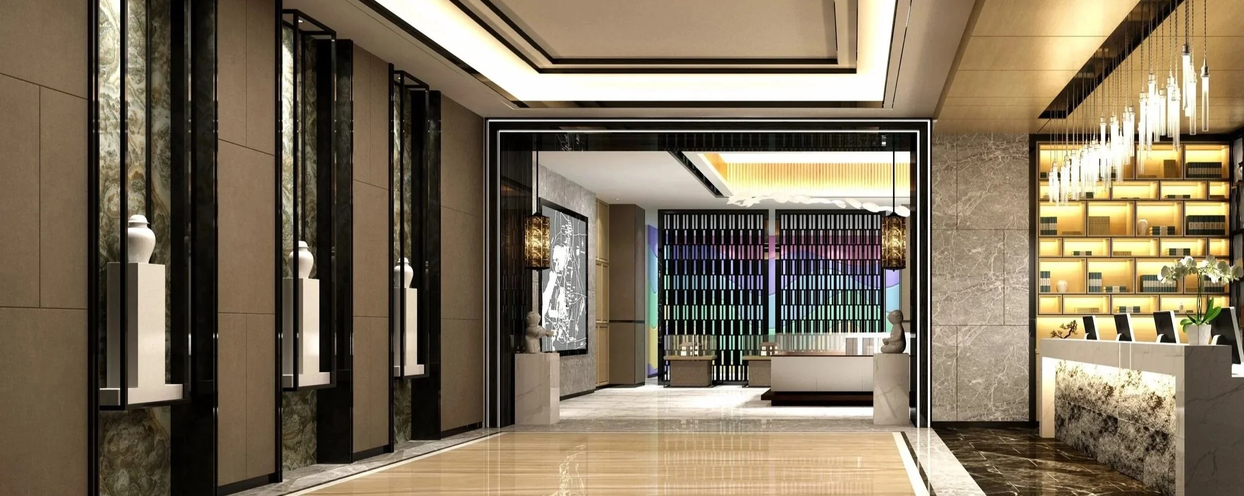 Luxury lobby featuring laser-routed metal artwork, framed pieces by local artists, and custom fabricated iron display stands showcasing stone sculptures..