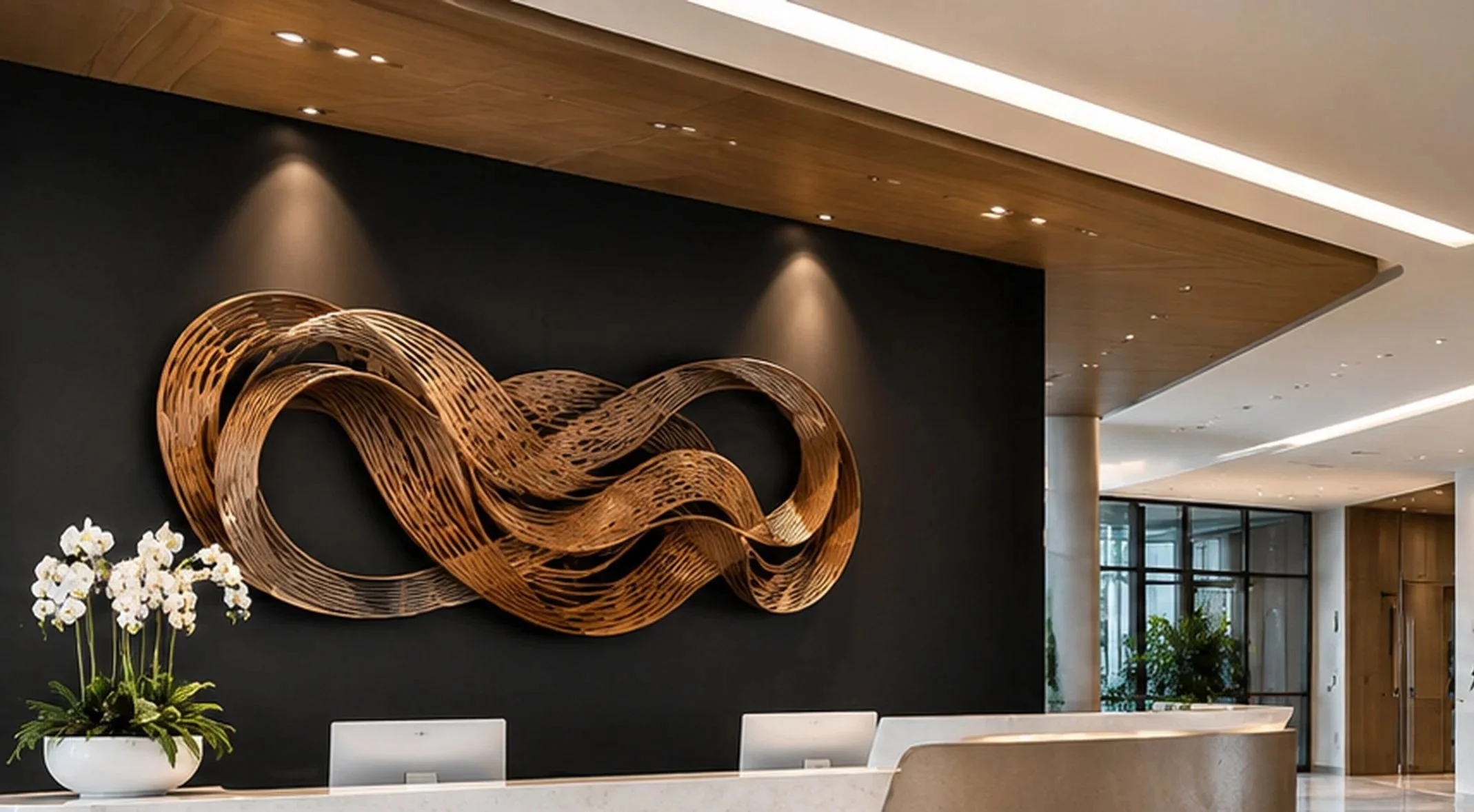 Contemporary corporate reception lobby featuring a large-scale, intricately woven wood wall sculpture mounted against a dramatic black accent wall, custom curved reception desk, warm wood ceiling details, and integrated architectural lighting.