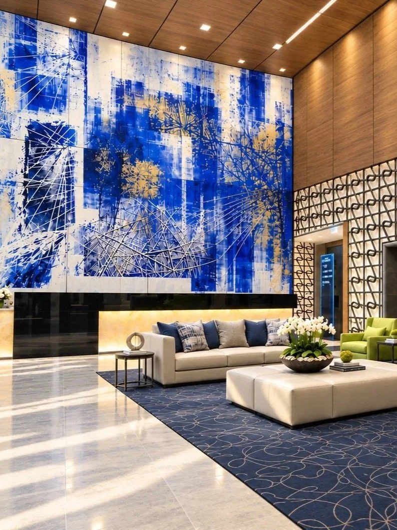 Large-scale custom printed graphic wallcovering featuring abstract cobalt blue and white artwork in a contemporary corporate lobby with architectural feature walls.