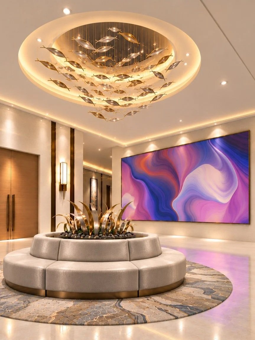 Custom suspended kinetic mobile sculpture in metallic finishes above a companion floor installation, creating a floor-to-ceiling artistic composition complemented by large-scale colorful abstract wall art in a contemporary lobby.