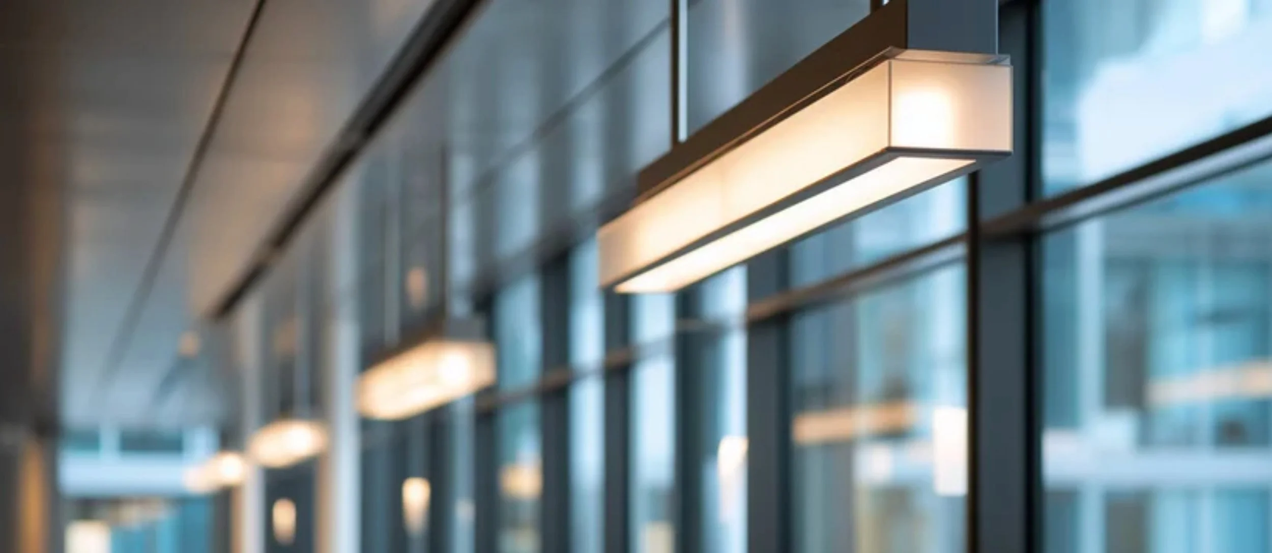 Contemporary architectural corridor featuring a series of suspended rectangular pendant lights with warm illumination against floor-to-ceiling glass windows.