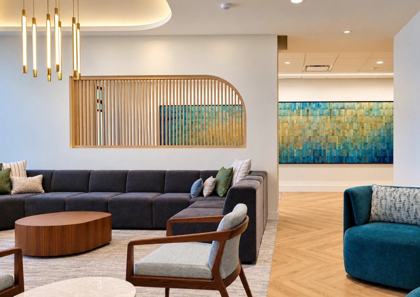 Large-scale custom hand-dyed aluminum feature art designed by Silver Chase Design in collaboration with project partners for Houston Methodist's award winning HEAL Cancer Wellness, incorporating layered dimensional panels and sunrise-inspired imagery