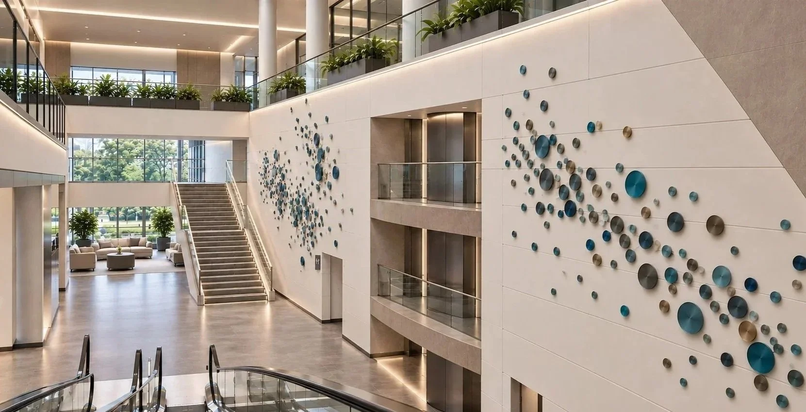 Custom brushed aluminum wall sculpture designed by Silver Chase Design, featuring dimensional metallic discs in blue, silver and gold across multistory corporate office atrium.