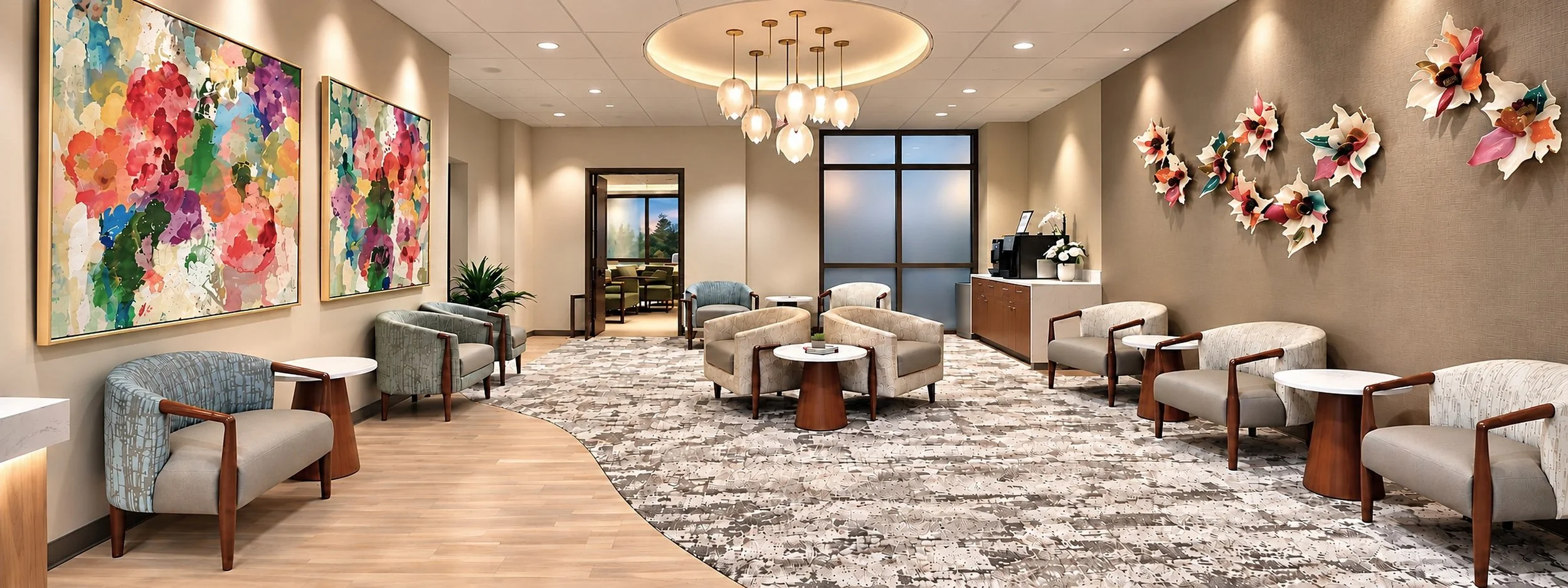 Contemporary healthcare waiting area featuring colorful abstract paintings, custom sculptural glass wall installations, modern lounge seating, and decorative pendant lighting, with art and interiors curated by Silver Chase Design.