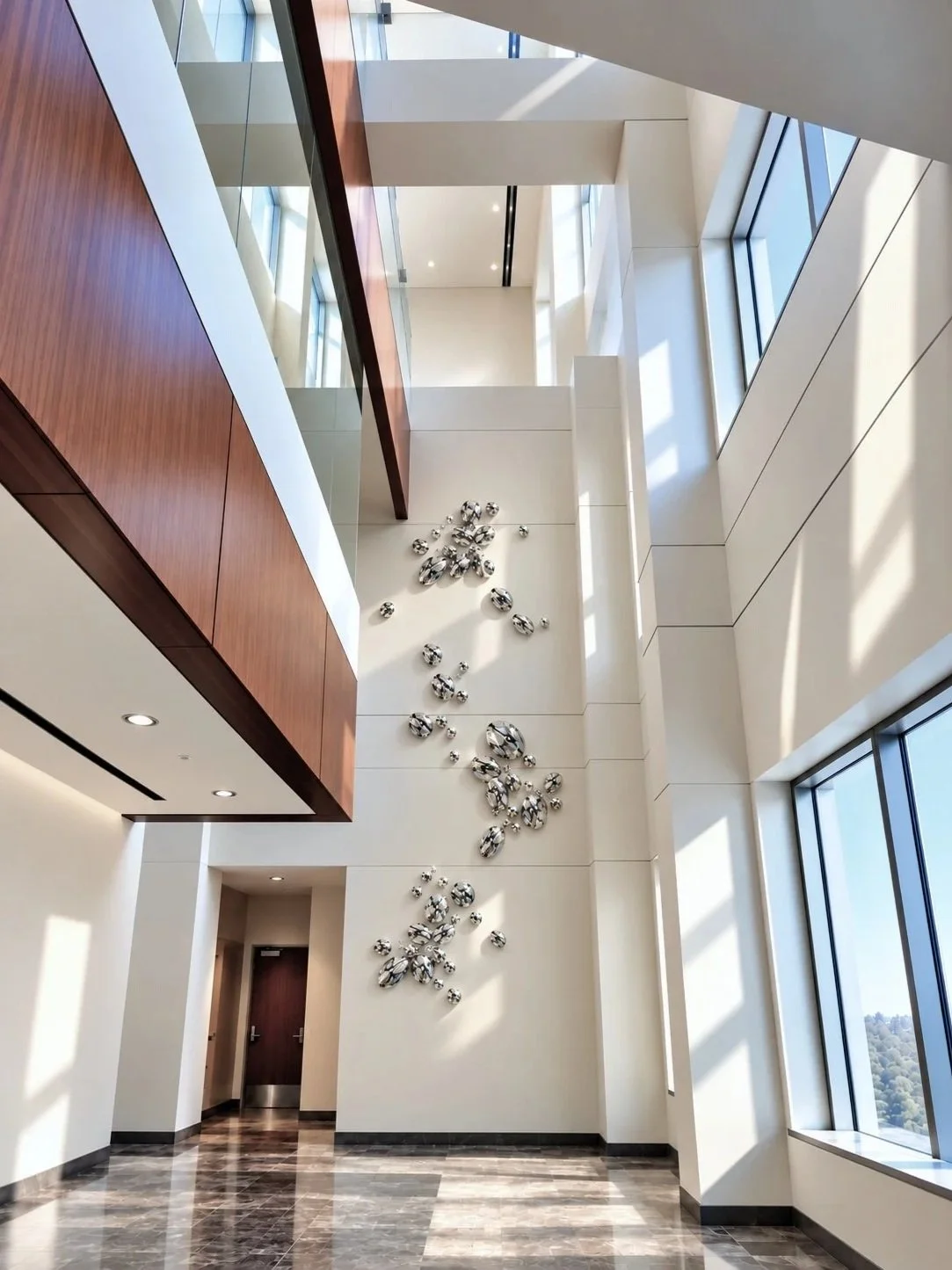 Custom blown glass wall sculpture featuring clusters of reflective glass forms ascending through a three-story healthcare atrium, visible from multiple floors.