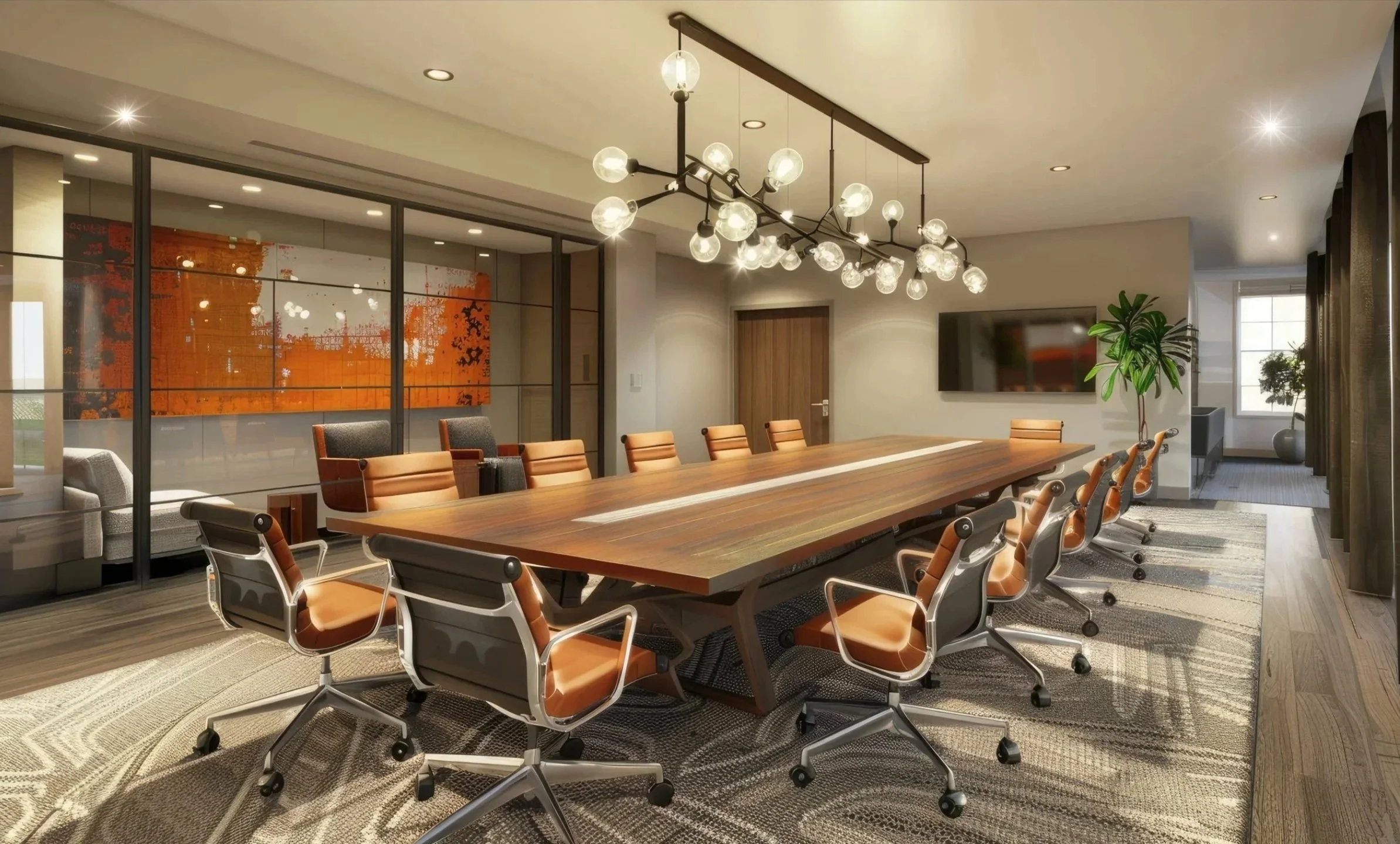 Renovated contemporary corporate conference room featuring large-scale orange abstract artwork, sculptural pendant lighting, a wood conference table, and modern cognac leather seating.