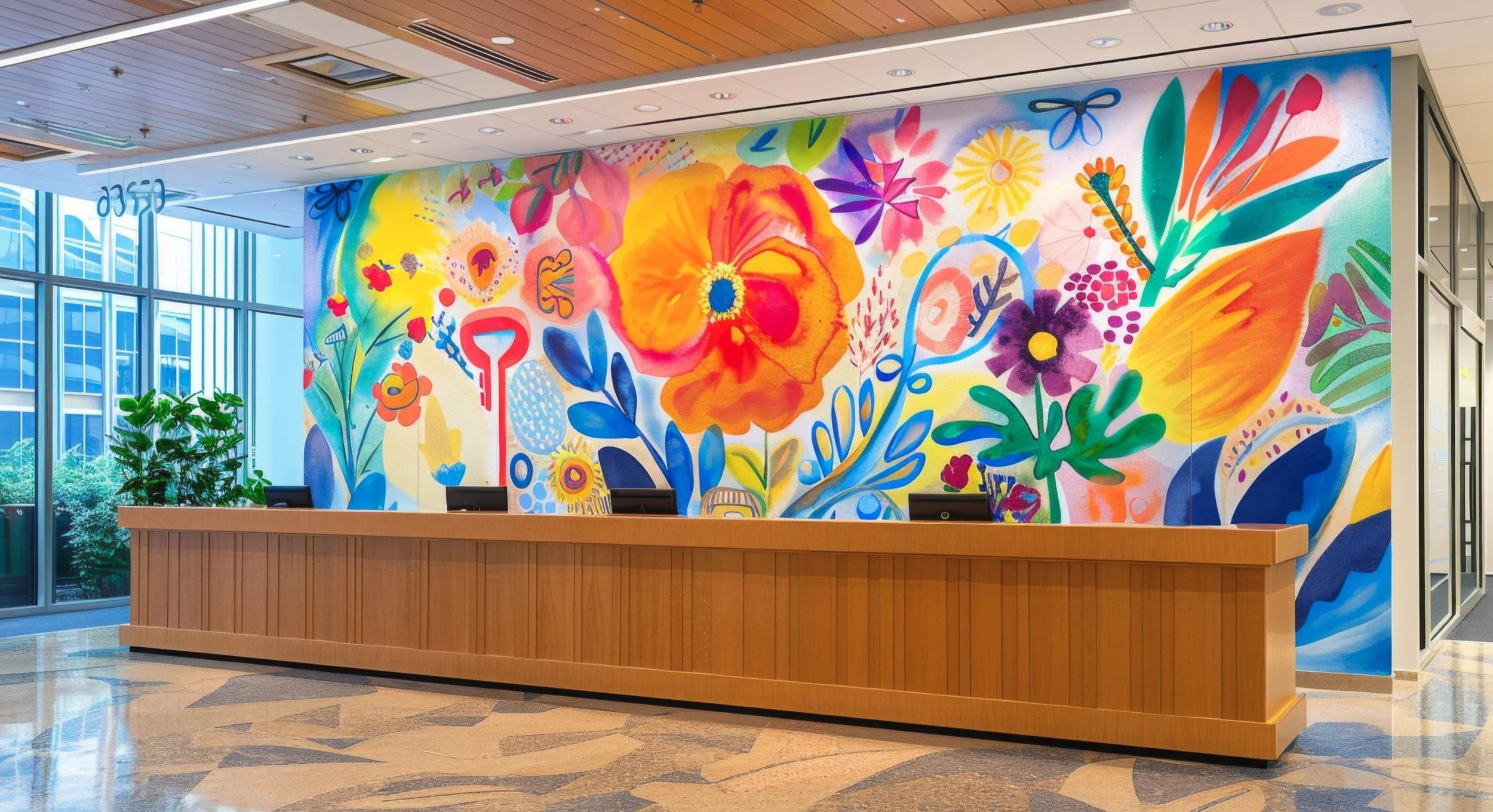 Large-scale colorful floral art mural featuring vibrant abstract flowers in orange, pink, yellow, and blue behind a contemporary hospital reception desk.