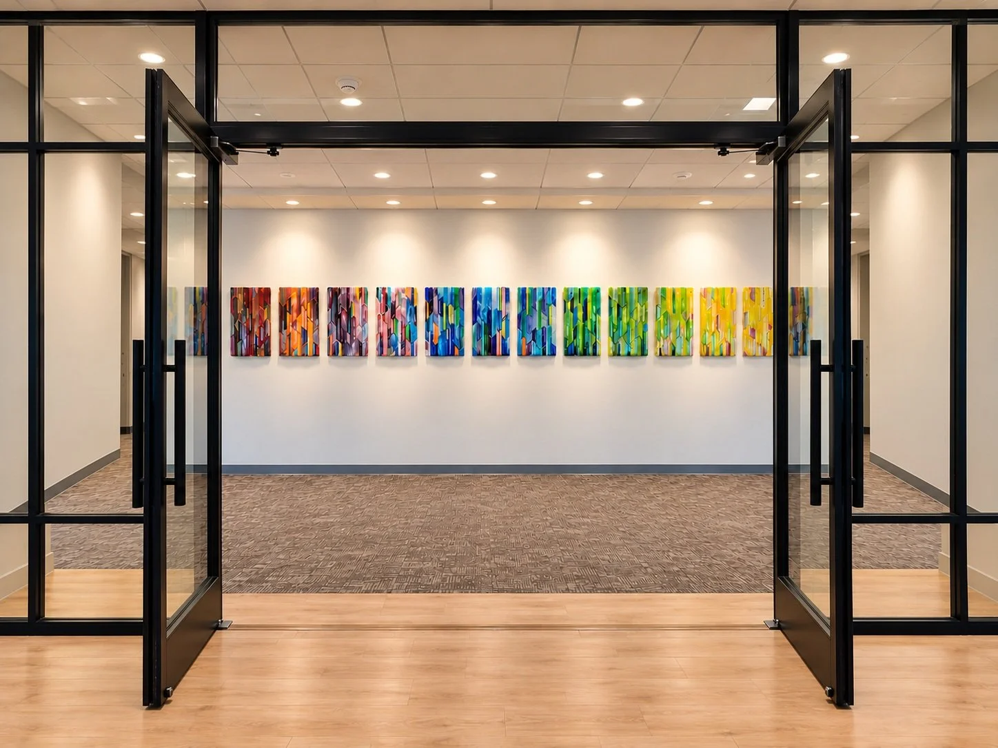 Custom commissioned faceted glass art installation at Houston Methodist HEAL Cancer Wellness Center, featuring colorful sculptural glass in a contemporary healthcare interior.