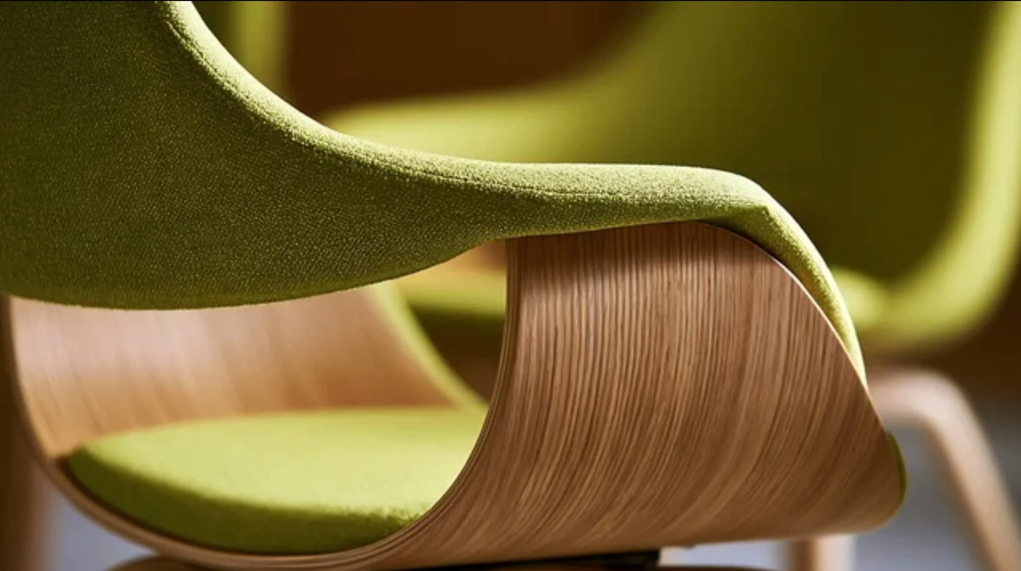 Close-up of a retro-inspired design, where sculptural wood forms meet vibrant upholstery. This distinctive furniture brings character, color, and personality to a thoughtfully curated themed interior.