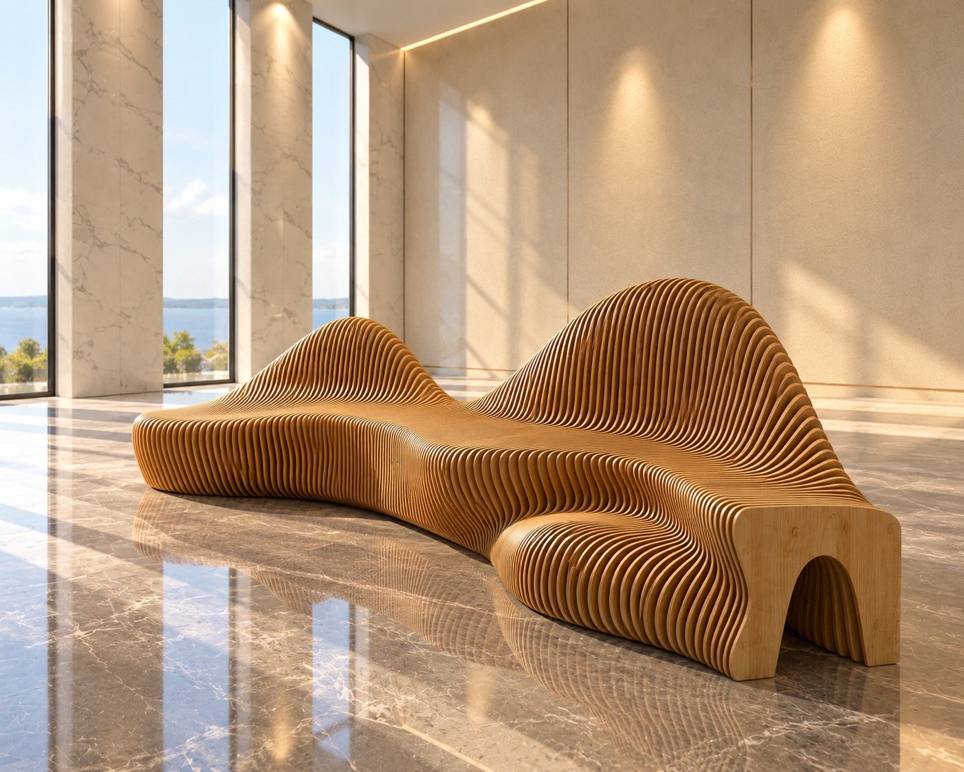 Custom sculptural wood seating installation featuring intricate repeating curved ribs, flowing organic forms, and integrated lounge seating in a contemporary architectural interior.
