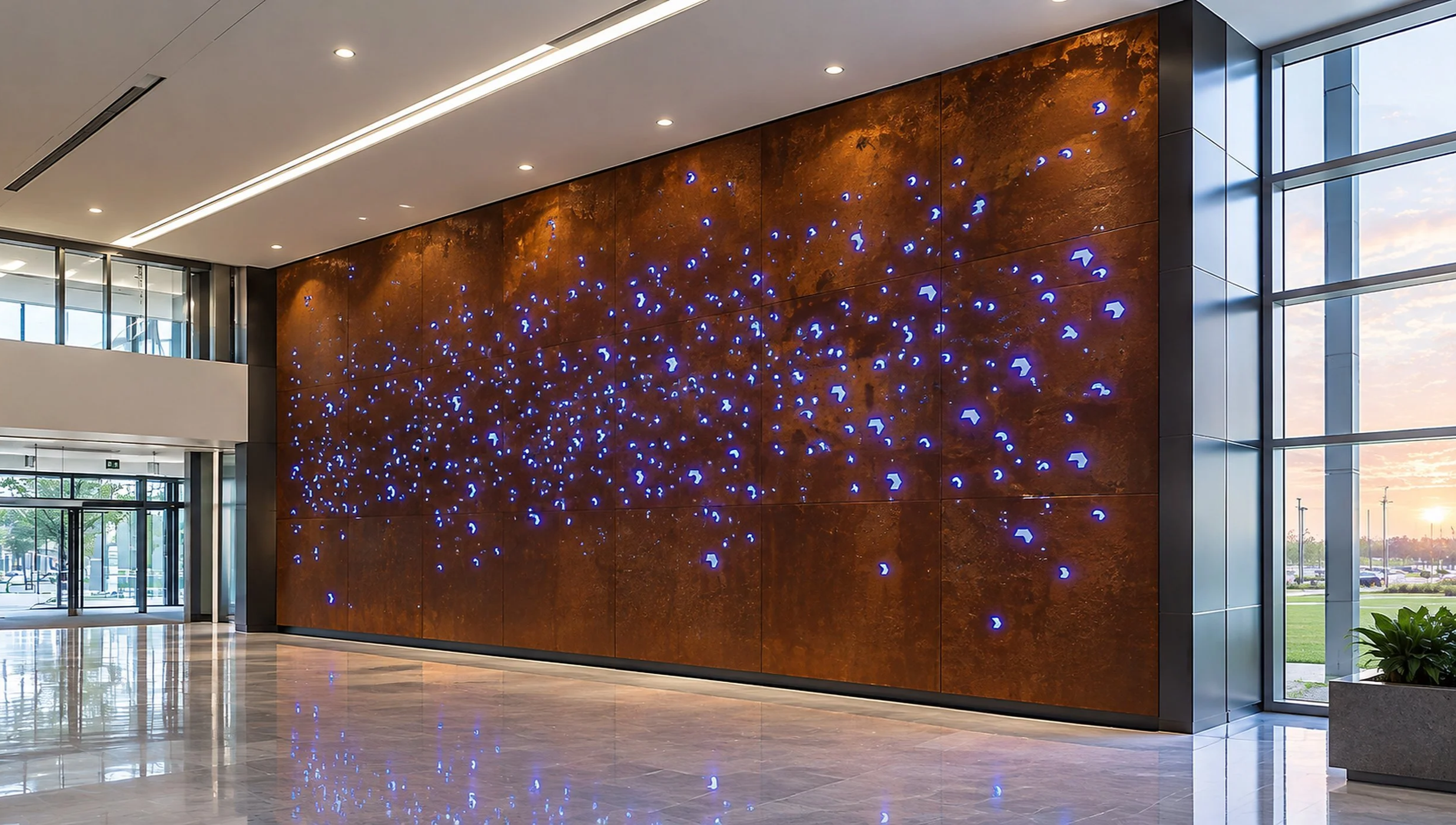 Custom architectural wall art featuring laser-routed and powder coated metal panels with color-changing LED backlighting, installed in a contemporary corporate lobby.