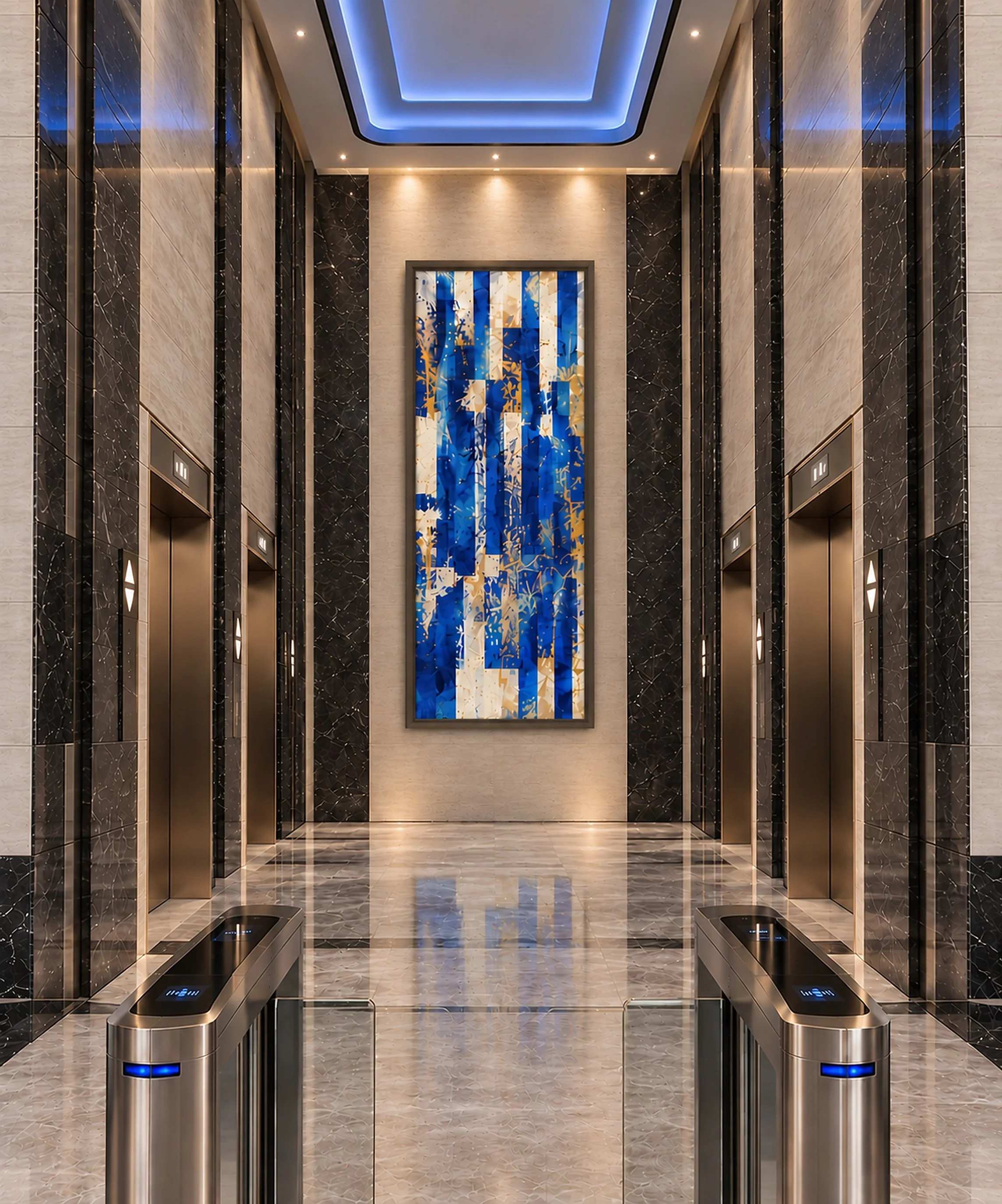 Custom blue, white, and gold abstract artwork installed at the end of a contemporary corporate elevator lobby featuring polished marble walls, architectural lighting, and modern security gates.