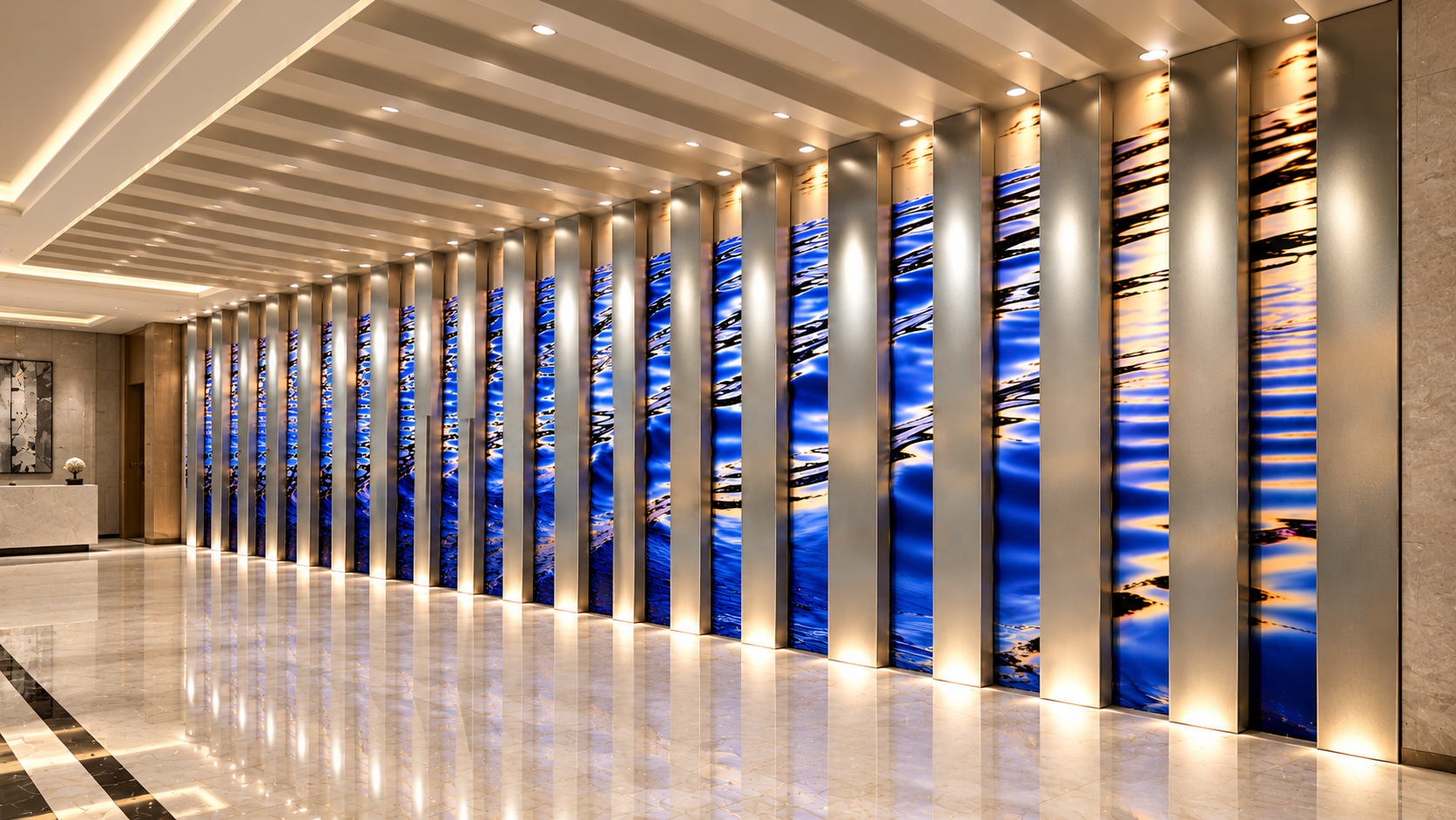 Luxury Lobby with Blue-Gold Water Wall.png