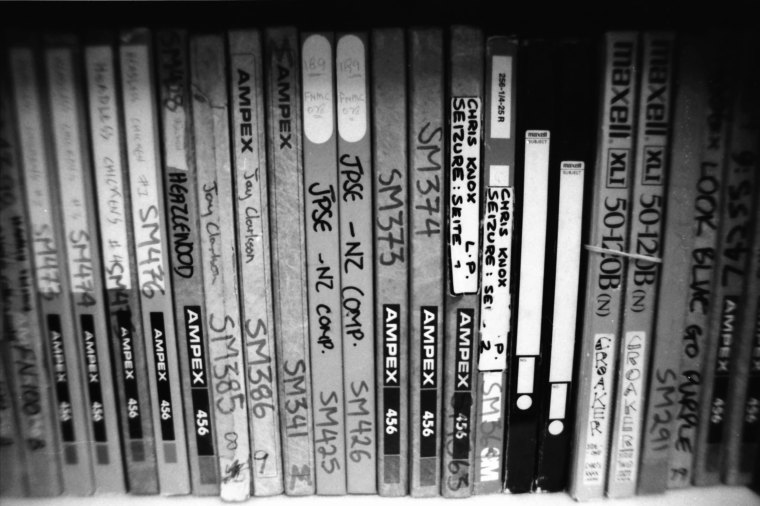 Some of the Flying Nun master tapes - photo taken with b&amp;w Illford Delta 35mm film, Nikon FE2 Nikkor 24mm f2