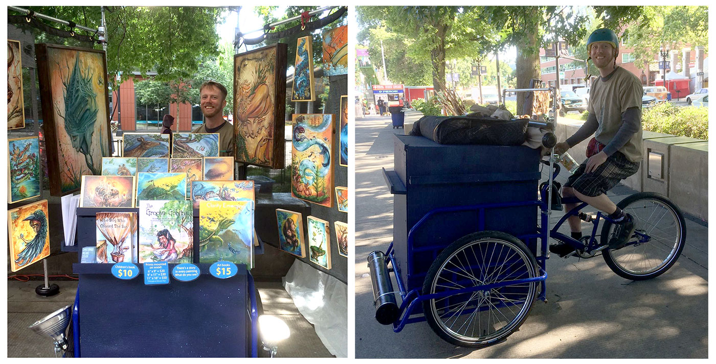 Mobile art gallery cargo trike at Portland Saturday Market