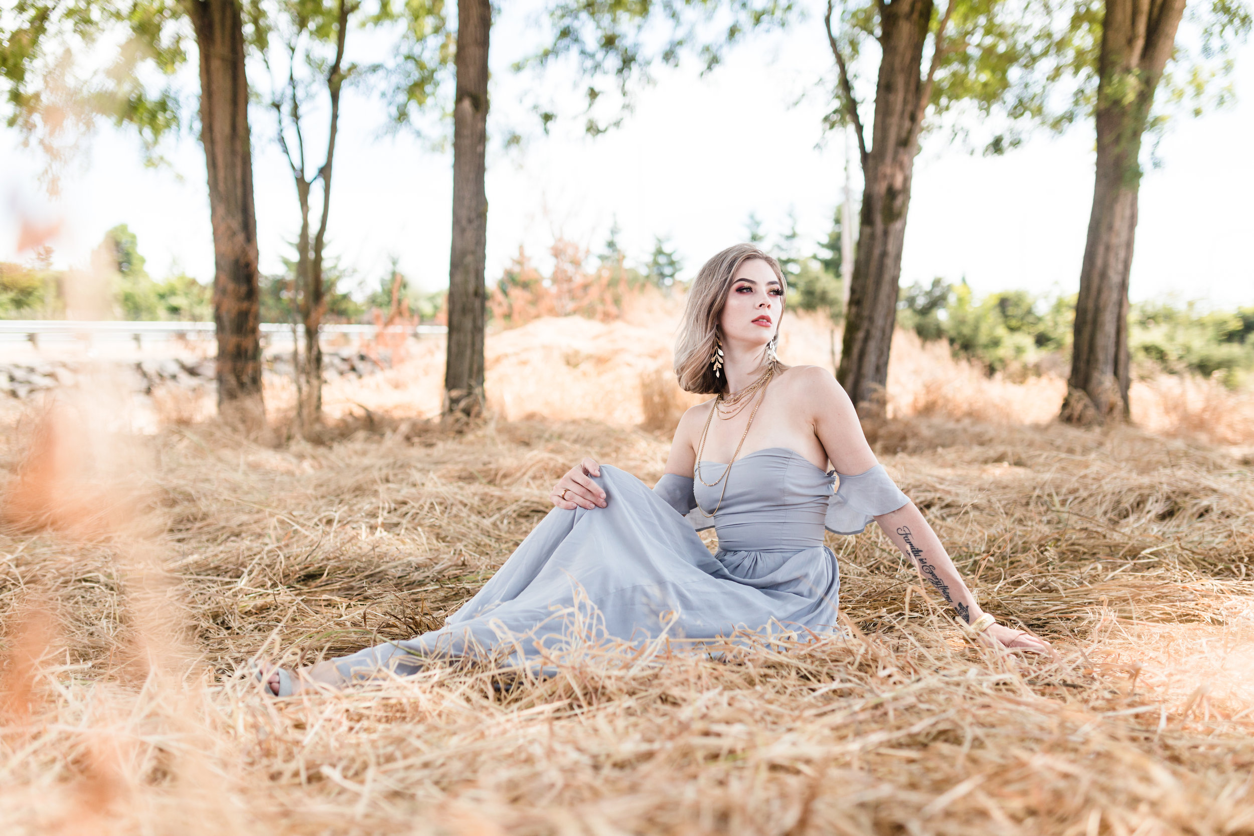 fashion editorial designer seattle on location forest field grey evening dress