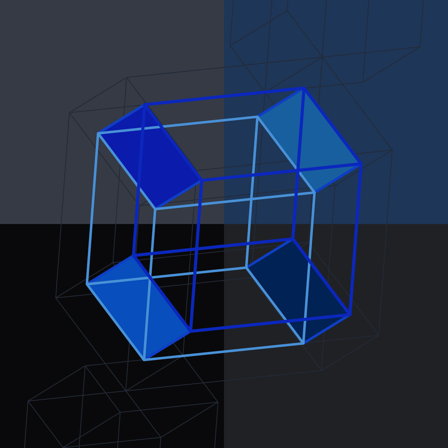 Conceptual-geometry [20200517] [Hypercube-space] [4-Blue - 4-Fields], acrylic on canvas 