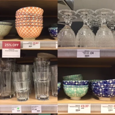 Clockwise from left: Very lovely little tapas bowls, chunky wine glasses that look dishwasher proof to me, more tapas bowls (can you tell I like tapas?), classic French tumblers that never date for a bargain price.