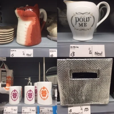 Clockwise from left: Gorgeous fox jug in the style of zebra vase, very cute milk jug, two silver storage baskets, Day Of The Dead stylie bathroom accessories.